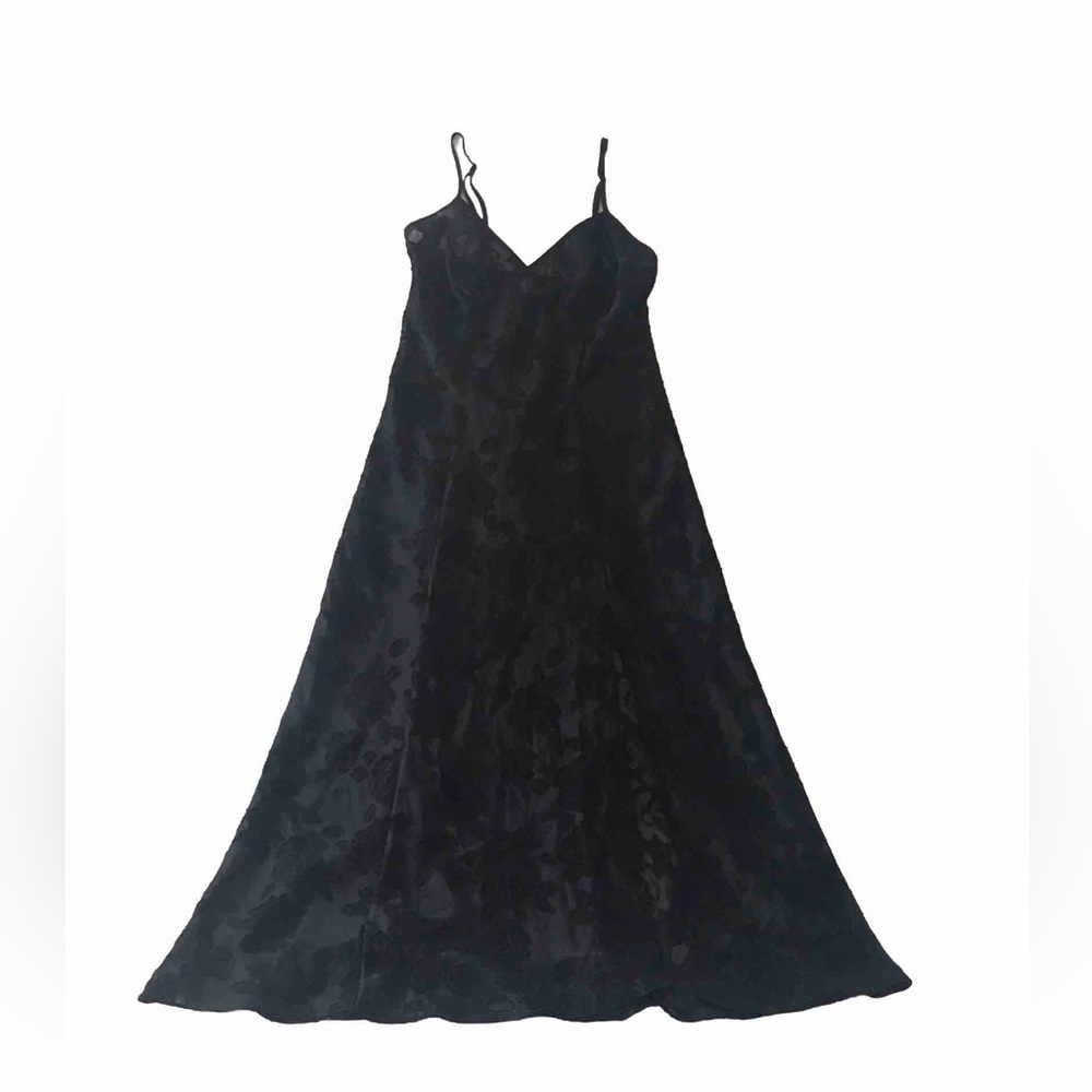 Victoria Secret Gold Label Vtg 80’s Black Satin Rose Burnout SlipDress Nightgown